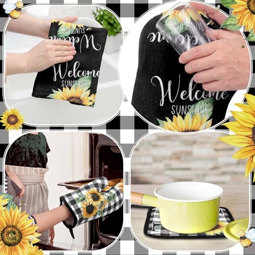 Leinuosen 8 Pcs Sunflower Plaid Kitchen Towels Dishcloths Accessories