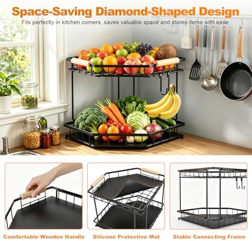 2 Tier Corner Fruit Basket for Kitchen Counter With 2 Banana Hangers