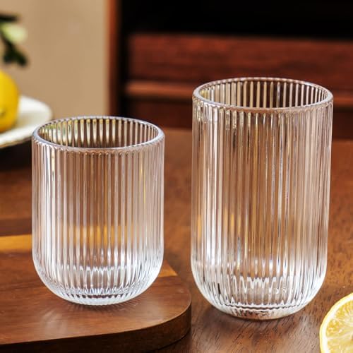 Ribbed Drinking Glasses 8pcs, Rocks Drinking Glasses 12oz and 10oz