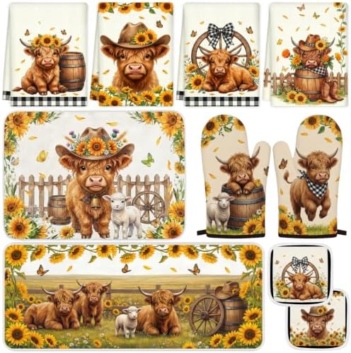 Tieshankao 10PCS Highland Cow Kitchen Decor Set, Sunflower Towels Pot