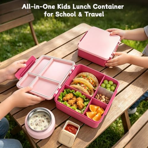 Kids Lunch Box 4 Compartment Bento with 8oz Food Jar,Pink