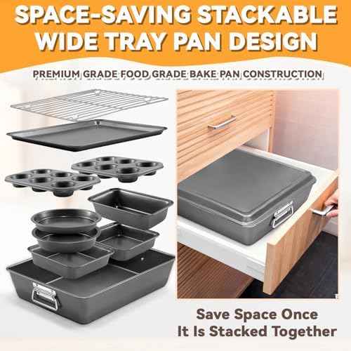 12PCS Nonstick Bakeware Set, Non-Toxic Carbon Steel Baking Pans Set with Wider Grip, Includes Roasting Pan, Cookie Sheet, Cake Pans, Muffin Pans, Cooling Rack, Oven Mitts, Easy Release