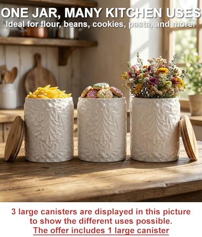 25DOL XXL 94 Oz Engraved Ceramic Kitchen Canister, Airtight Bamboo Lid