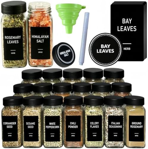 24 Spice Jars with Label, Glass Spice Bottles With Shaker Lids