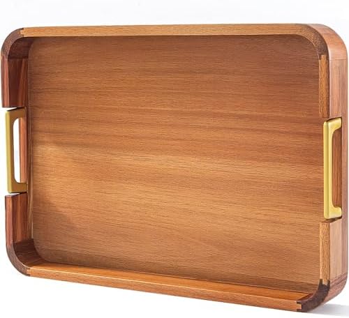 Acacia Wood Serving Tray with Metal Handles, 17x12in Food Drinks Tray