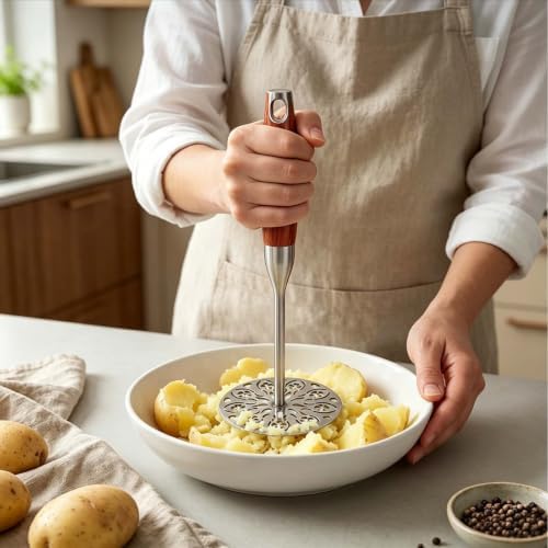 Potato Masher Stainless Steel,Wood Handle Food Smasher Kitchen Tool