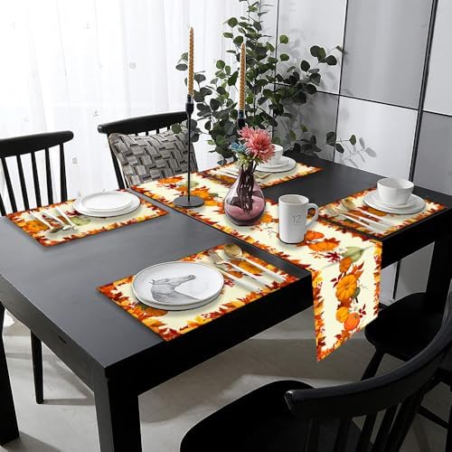 Fall Table Runner and Placemats Set, Orange Pumpkin and Leaf, 72 Inch