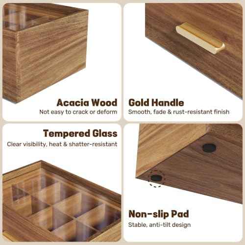 Alsonerbay Acacia Wood Tea Bag Organizer, Tea Box with Drawer, Natural