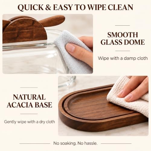Glass Butter Dish with Lid & Knife, Acacia Wood Base