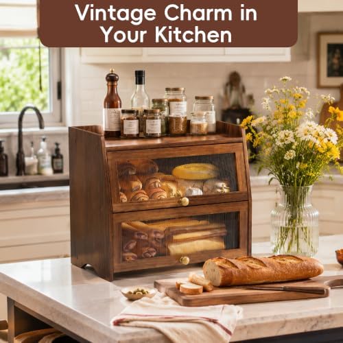 Bread Box for Kitchen Countertop, Double Layer Pine Wood Breadbox