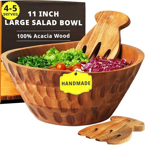 Wooden Salad Bowl - 11" Large Serveware Set w/Serving Utensils & Table