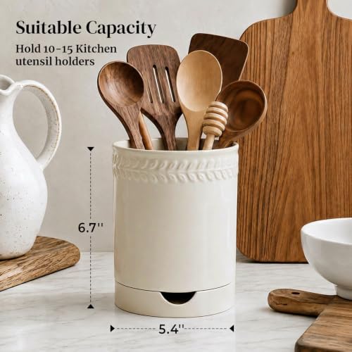 DOWAN 6.7'' Ceramic Utensil Holder with Drain Tray for Wooden Spoons