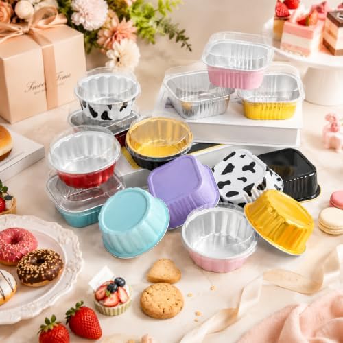 Lilaly 100 Pack 9oz Mini Cake Pans with Lids and Spoons, Round, Pink