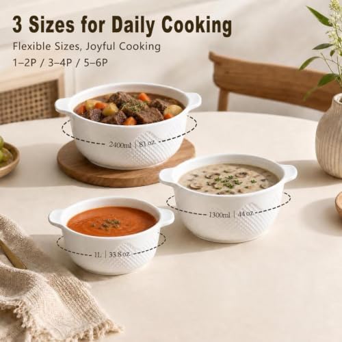 3-Pack Ceramic Casserole Dishes with Glass Lids, 1.8/2.5/3.8 Quart