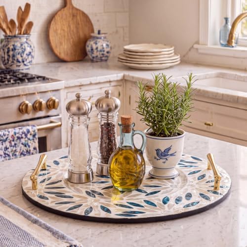 Mother of Pearl Decorative Tray with Metal Handle, Retro