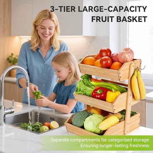 Fyvva 3 Tier Bamboo Fruit Basket with 2 Banana Hangers for Kitchen Counter