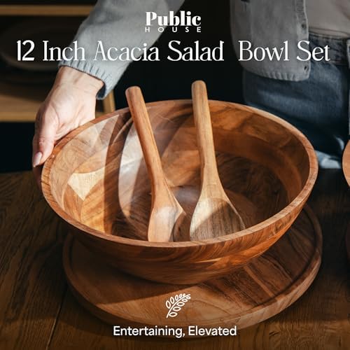 Public House Large Wooden Salad Bowl Set 12.5 Inch with Serving