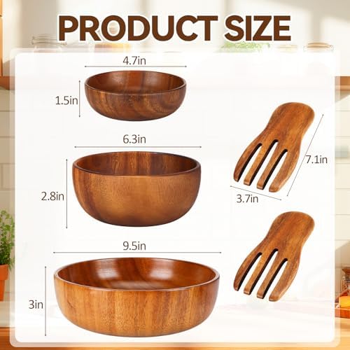 Hushee 5 Pcs Acacia Wood Salad Bowl Set 4.7" 6.3" 9.5" Wooden Mixing