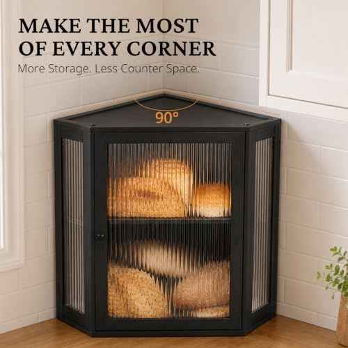 BRONYPRO Corner Bread Box for Kitchen Countertop, Extra Large 2-Tier Bamboo Bread Box with Adjustable Shelfr(Extra Large Black)
