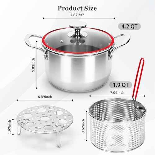 Deep Fryer Pot with Basket, Cooking Pot with Strainer Basket, 4.0L/4.2QT Multi-function Pot with Anti-scald Handle, Egg Steamer Rack & Lid, Stainless Steel Cookware for Home Kitchen Outdoor Camping