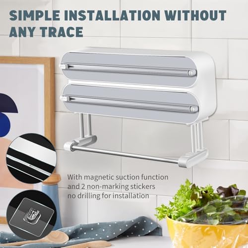 AUSTUFF 3 in 1 Plastic Wrap Dispenser with Cutter Magnetic Aluminum Foil