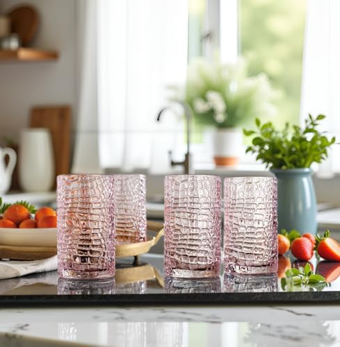 Glaver's Highball Glasses Set of 4 Pink Drinking Glasses, 15 Ounce