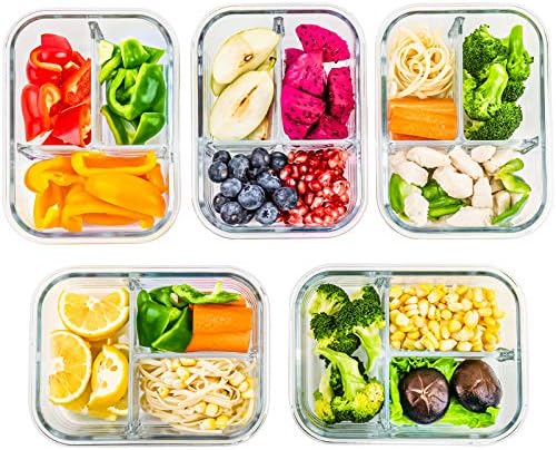 [5-Pack,36 Oz] Glass Meal Prep Containers 3 Compartments with Locking