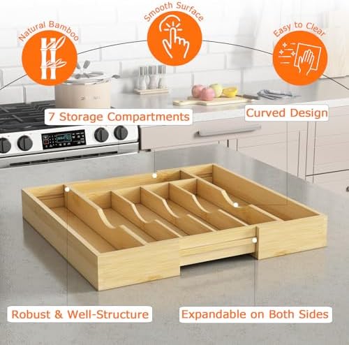 Youpehom Bamboo Utensil Organizer for Kitchen Drawers, Expandable