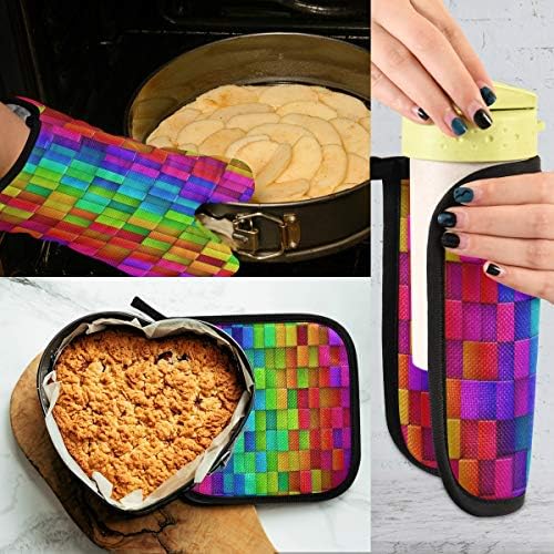 QMXO Abstract Rainbow Blocks Geometric Oven Mitts Quilted Cotton