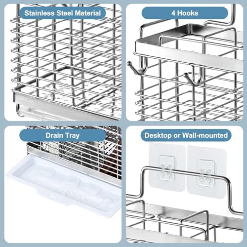 Utensil Holder, Kitchen Utensil Drying Rack with Drain Tray