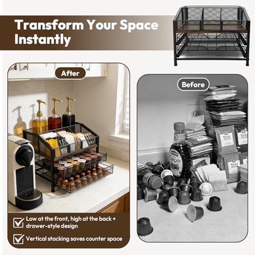 Coffee Bar Organizer with 3 Syrup Pumps, 3-Tier Coffee Station