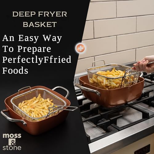 Moss & Stone 5 Pcs Deep Fry Pan Set with Fry Basket, 5 Qt Copper Pan