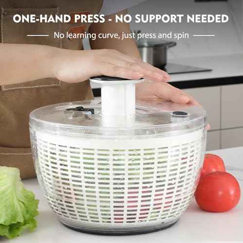 Ourokhome 6.3 QT Salad Spinner with Fully Removable Lid, Large Lettuce Dryer with One-Hand Press Pump, Instant Stop Brake Button and Retractable Handle, Vegetable Washer & Spinner for Greens and Herbs
