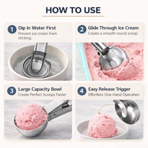 Ice Cream Scoop, Stainless Steel with Trigger & Comfortable Handle