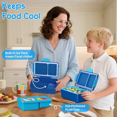 Bento Lunch Box for Kids–3 Compartment Leak Proof Insulated Lunch