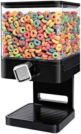 Honey-Can-Do Zevro Compact Single Dry Food Dispenser – Countertop Cereal Dispenser with Portion Control, 17.5 oz Capacity, Airtight BPA-Free Snack Container, Black/Chrome