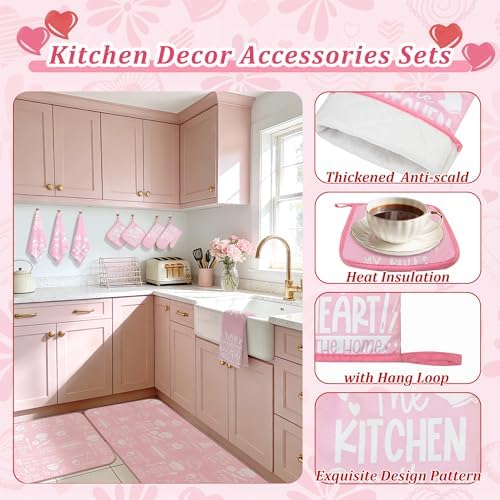 10 Pcs Pink Kitchen Dish Towels Pot Holders Oven Mitts Glove Rustic