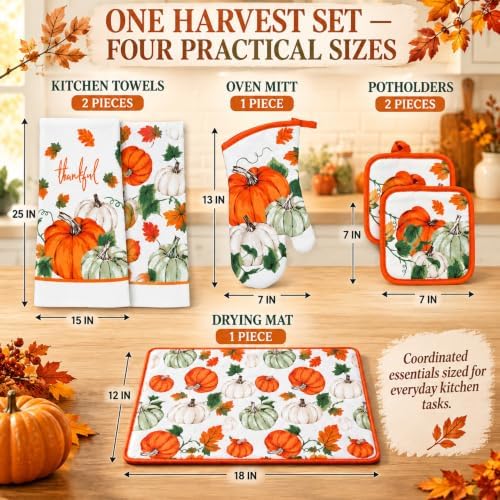 6-Piece Harvest Pumpkin Kitchen Linen Set, Orange & Sage Fall Autumn