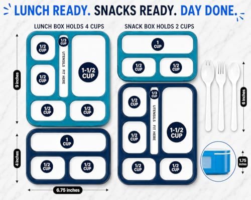 Bento Lunch Box and Snack Container Set, 4 Pack, Blue