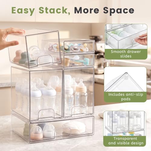 Baby Bottle Organizer, 6-Piece Clear Acrylic Stackable Storage Drawers