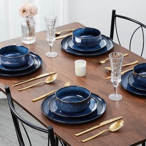 E-far Dinnerware Sets for 8, 24-Piece Stoneware Plates and Bowls Set, Ceramic Dishes Reactive Glaze Dinning Ware, Microwave & Dishwasher Safe - Deep Sea Blue