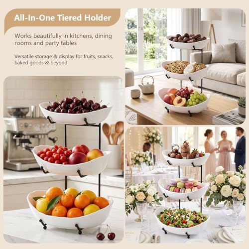 Ceramic Fruit Bowl for Kitchen Counter, 3 Tier Fruit Basket with Metal Stand, Tiered Fruit Stand for Countertop, Snack, Nuts, Cake, Dessert (3 tier)