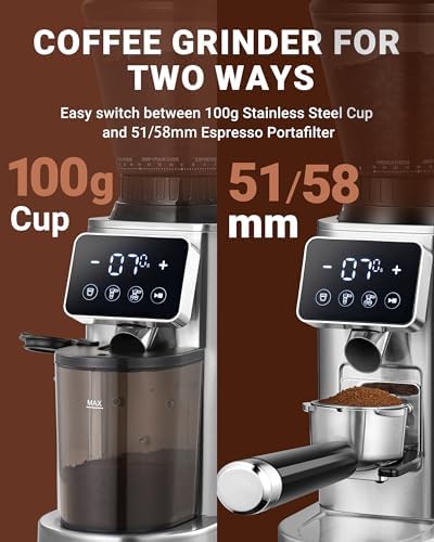 AMZCHEF Burr Coffee Grinder, 48 Settings, Metallic Silver