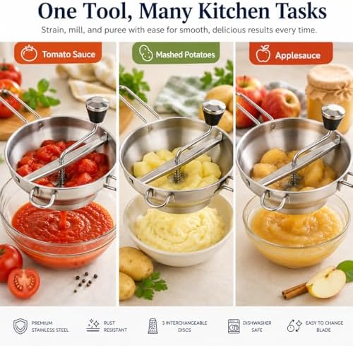Food Mill Stainless Steel, 2 Qt Manual Food Mill with 3 Discs