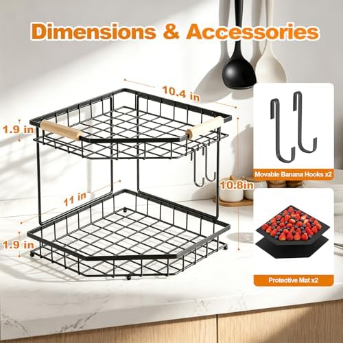 2 Tier Corner Fruit Basket for Kitchen Counter With 2 Banana Hangers
