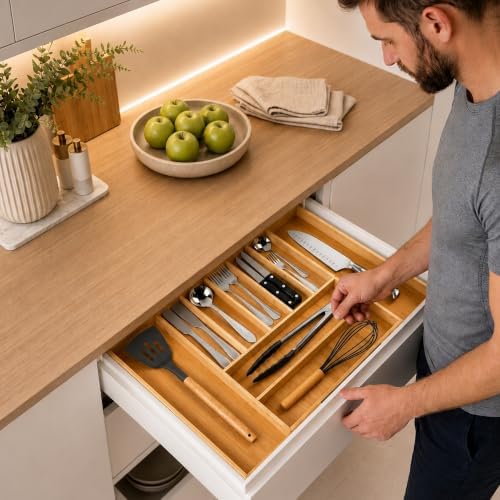 Bamboo Kitchen Drawer Organizer, Double Tier Cutlery Tray, Silverware