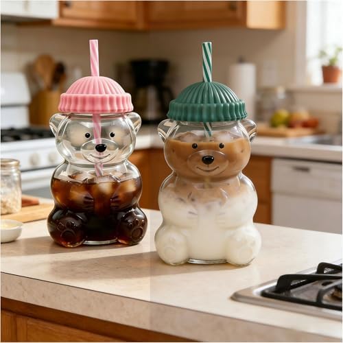 Cute Bear Glass Straw Cup - 20oz Bear Cups with Straws and Lids