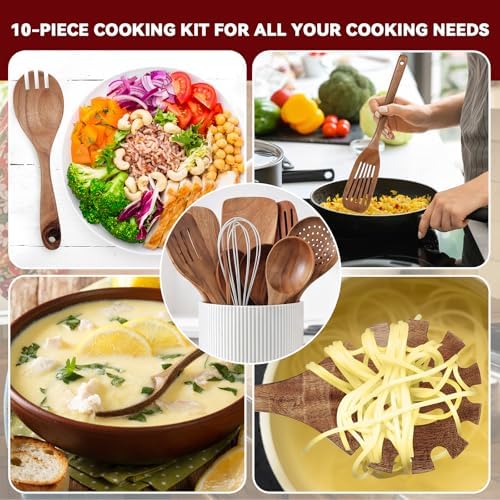 SiliFine 11 Pcs Wood Kitchen Utensils Set, 360° Rotating Holder, White