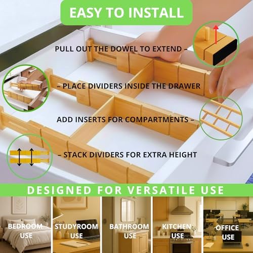 13.7-18.7" Expandable Bamboo Drawer Dividers with Inserts 4-Pack