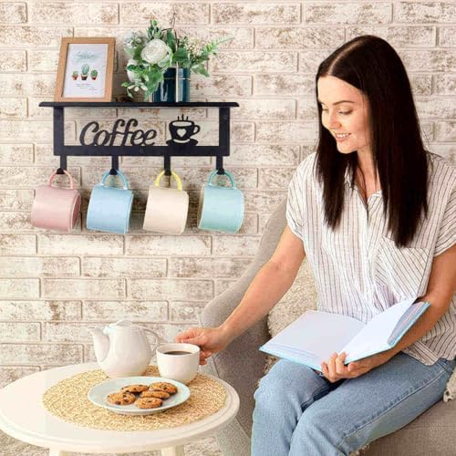 Wall Mounted Coffee Mug Holder, Black Metal with 4 Hooks, Mug Rack
